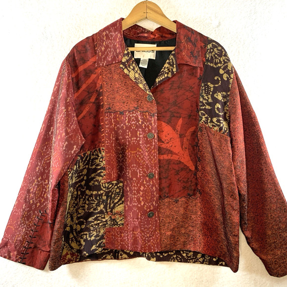 Chicos Womens Patchwork Silk Blend Blazer Jacket Sz L Embroidered Boho Artsy - Picture 1 of 14